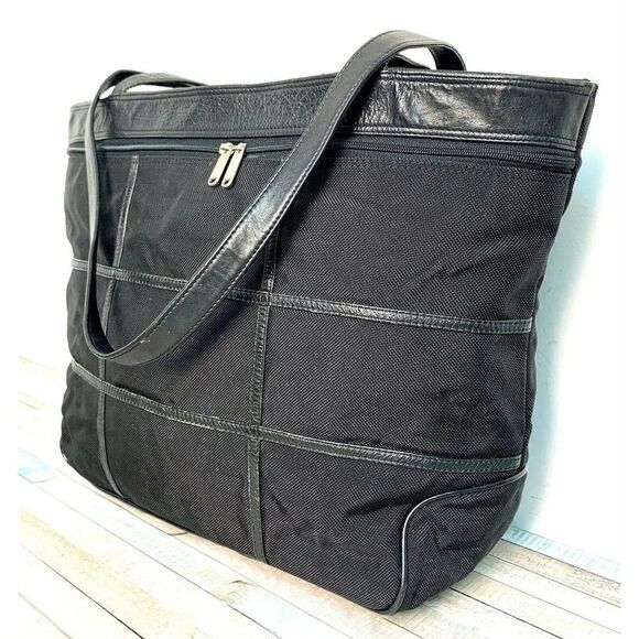 LARGE ST DENIS BLACK NYLON BLACK LEATHER TRIM HANDLES TOTE SHOULDER BAG HANDBAG - Picture 4 of 12